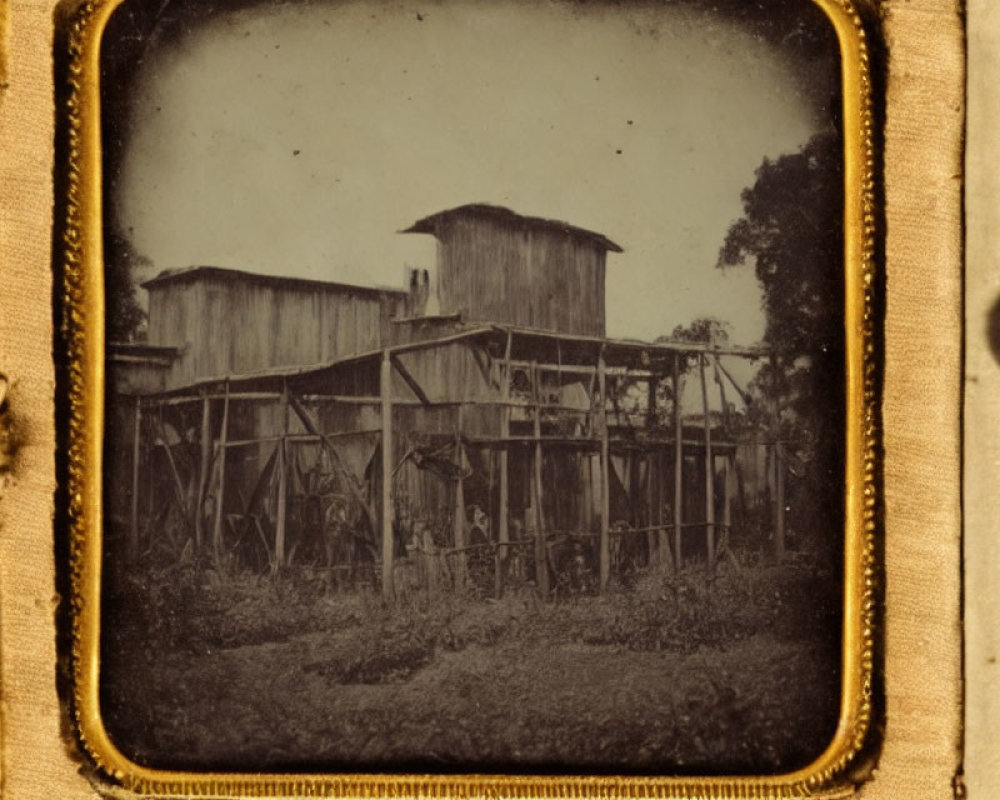 Sepia-Toned Vintage Image: Wooden Structure with Person in Brass Frame