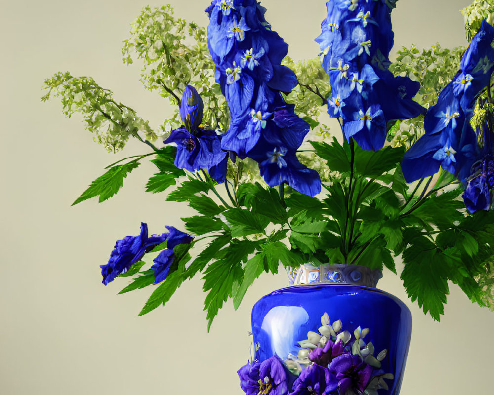 Blue Delphinium Flowers in Ornate Vase on Wooden Surface