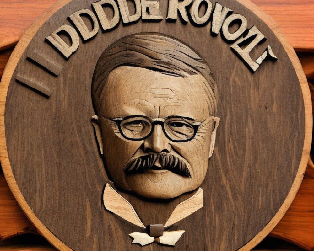 Bas-relief carving of man with glasses, mustache, and bowtie on wooden plaque