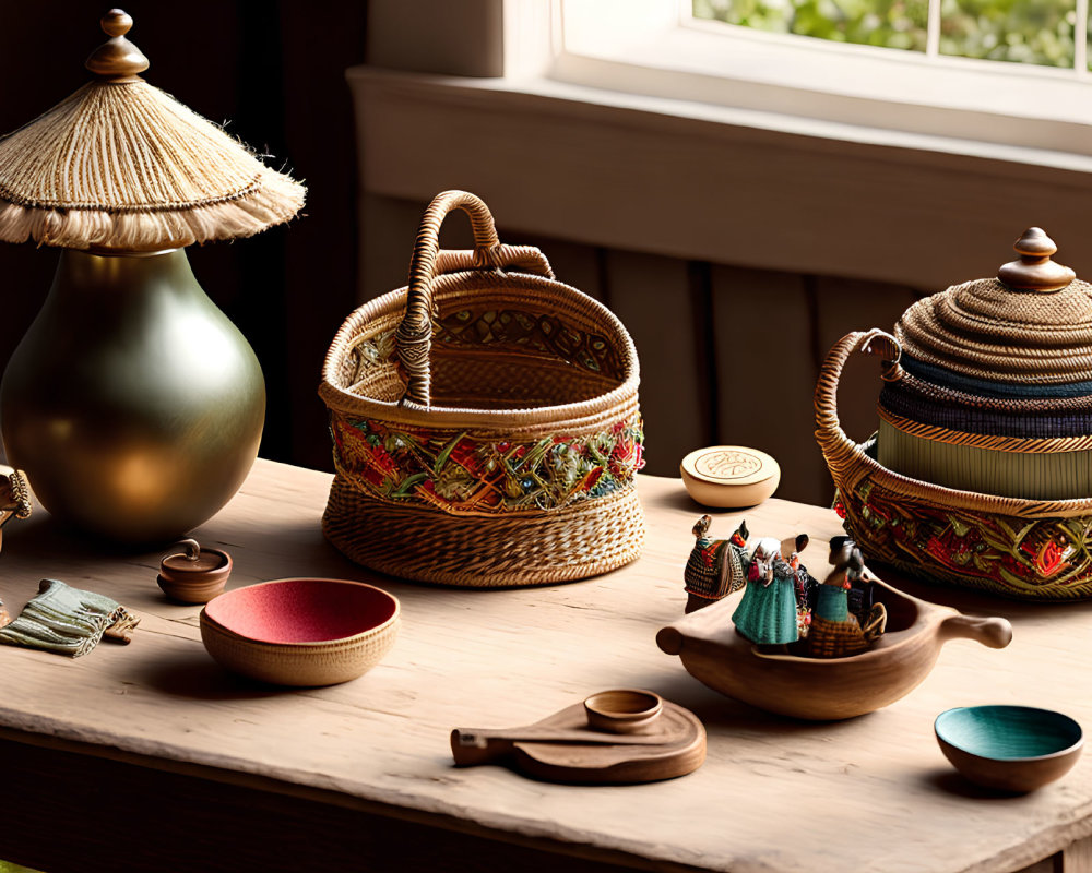 Rustic still-life with woven baskets, wooden bowls, ceramic dishes