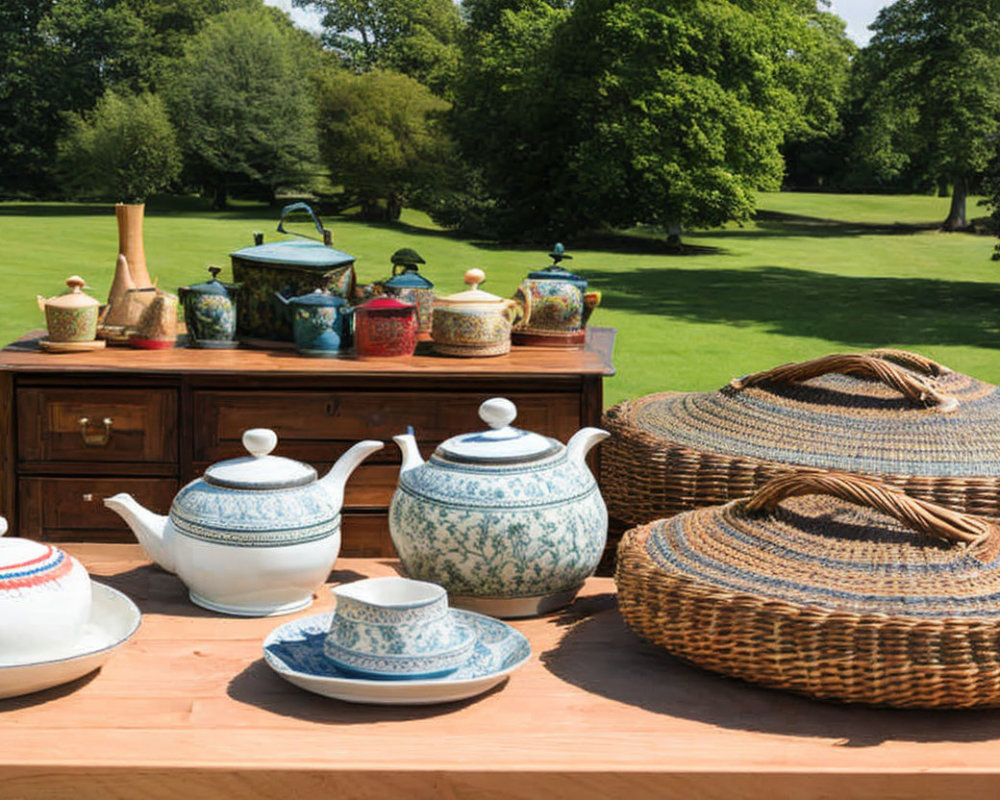 Ceramic Teapots, Bowls, and Wooden Chest on Table with Wicker Baskets