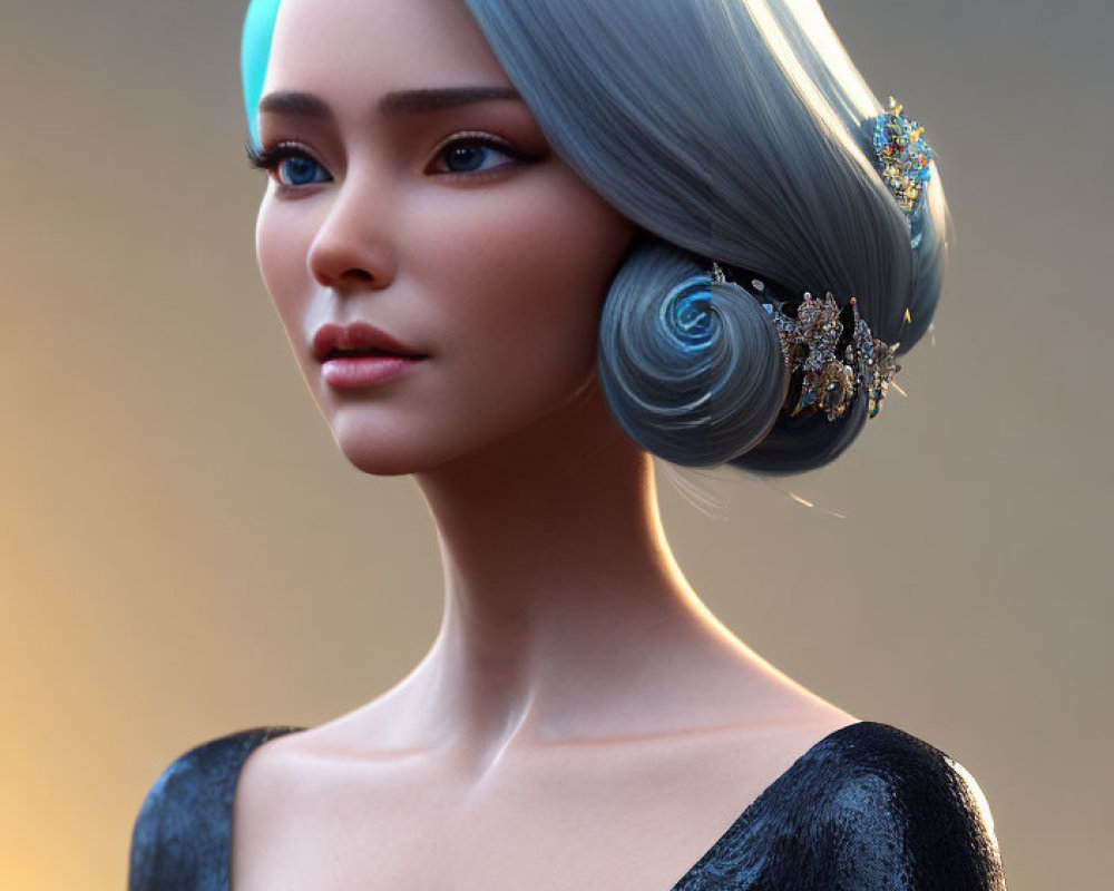 Elegant 3D Female Character with Blue Updo Hair and Gold Accessories