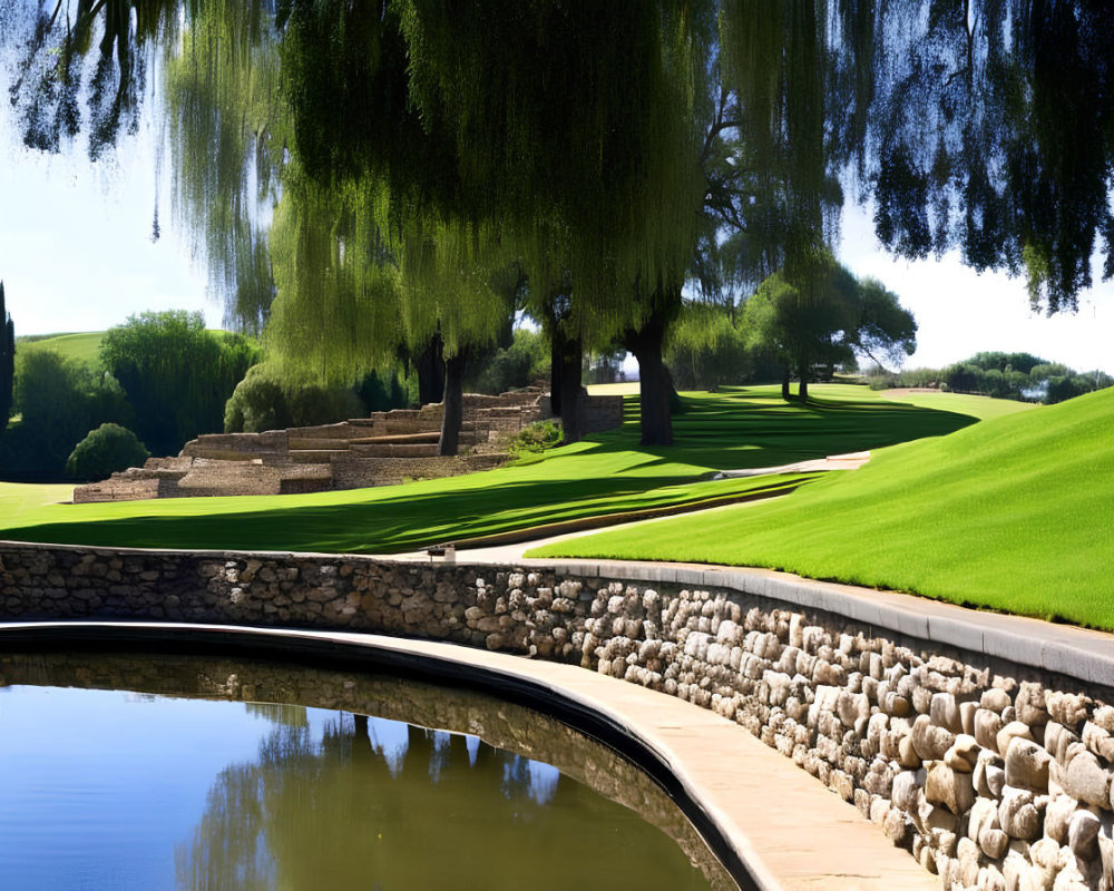 Tranquil golf course with lush greenery and stone-lined pond