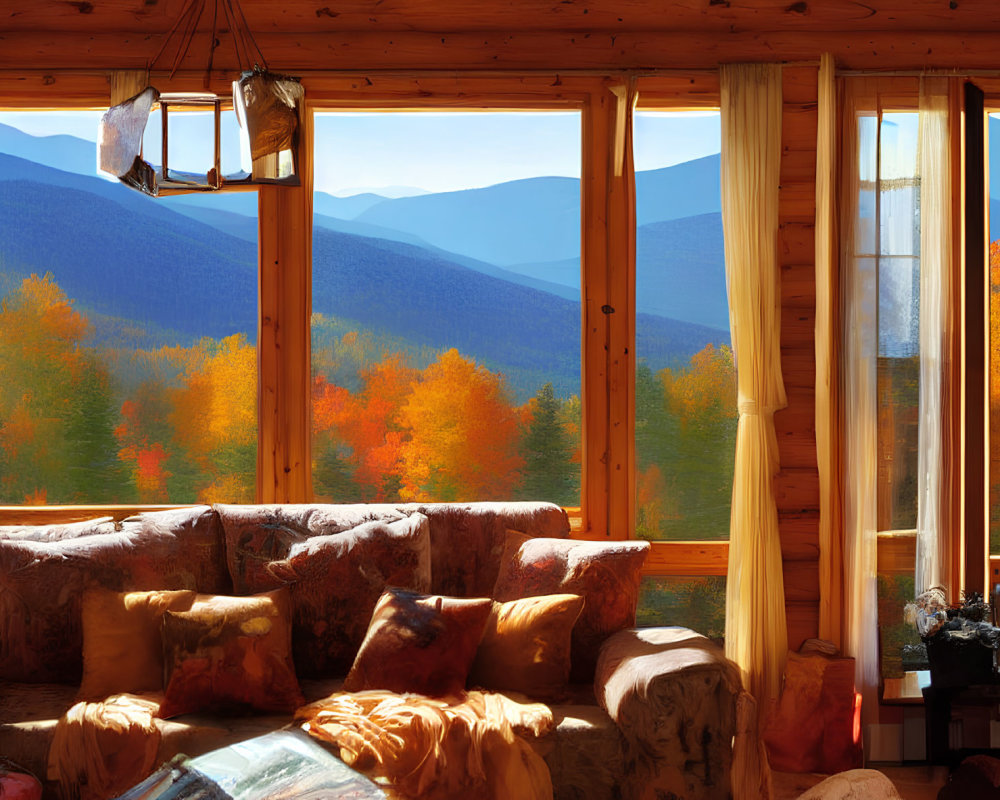 Room with Large Windows Overlooking Autumn Trees and Mountains