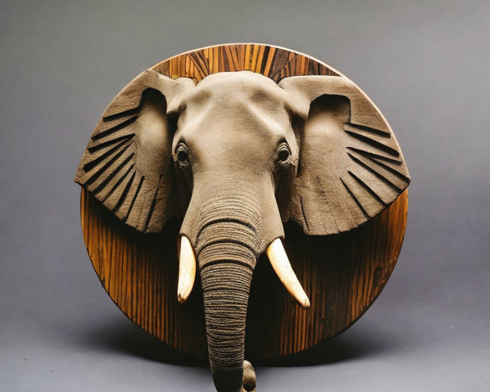 Realistic Elephant Head Sculpture on Circular Wooden Plaque