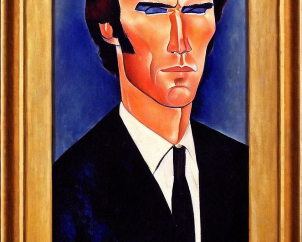 Stylized portrait painting of a man in a dark suit against blue background