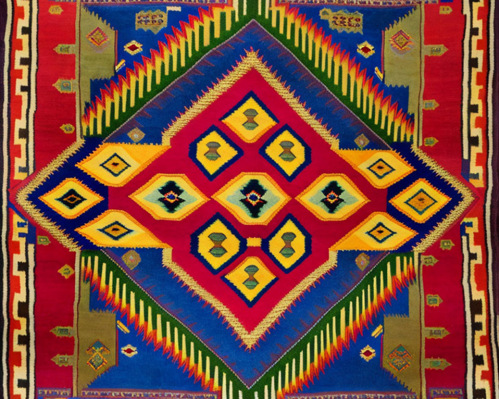 Colorful Handwoven Rug with Geometric Diamond Pattern & Traditional Motifs