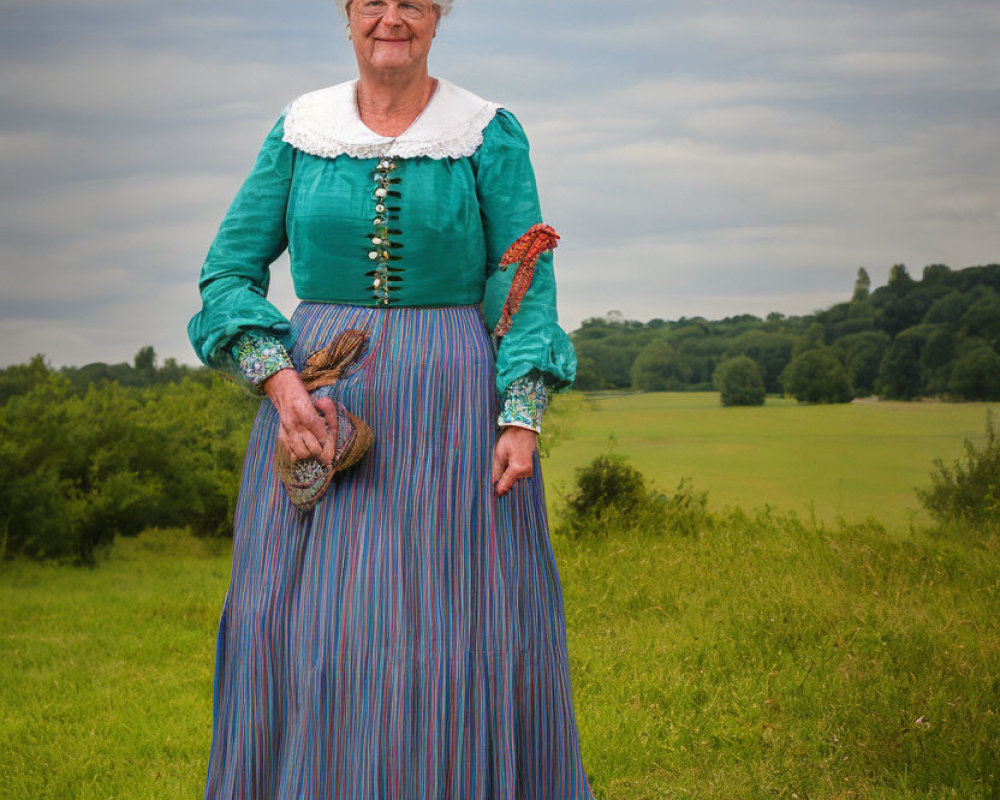 Elderly woman in traditional attire standing in a field