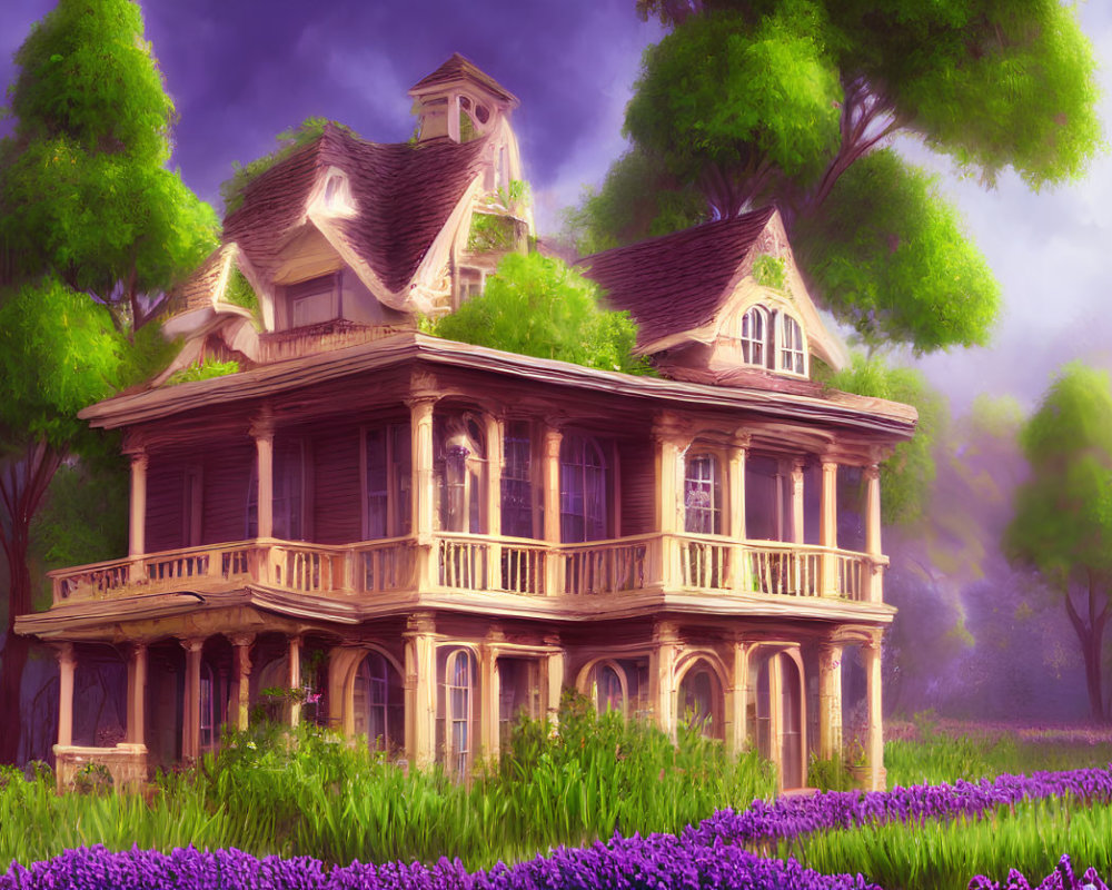 Victorian house nestled among green trees and purple flowers under a soft sky