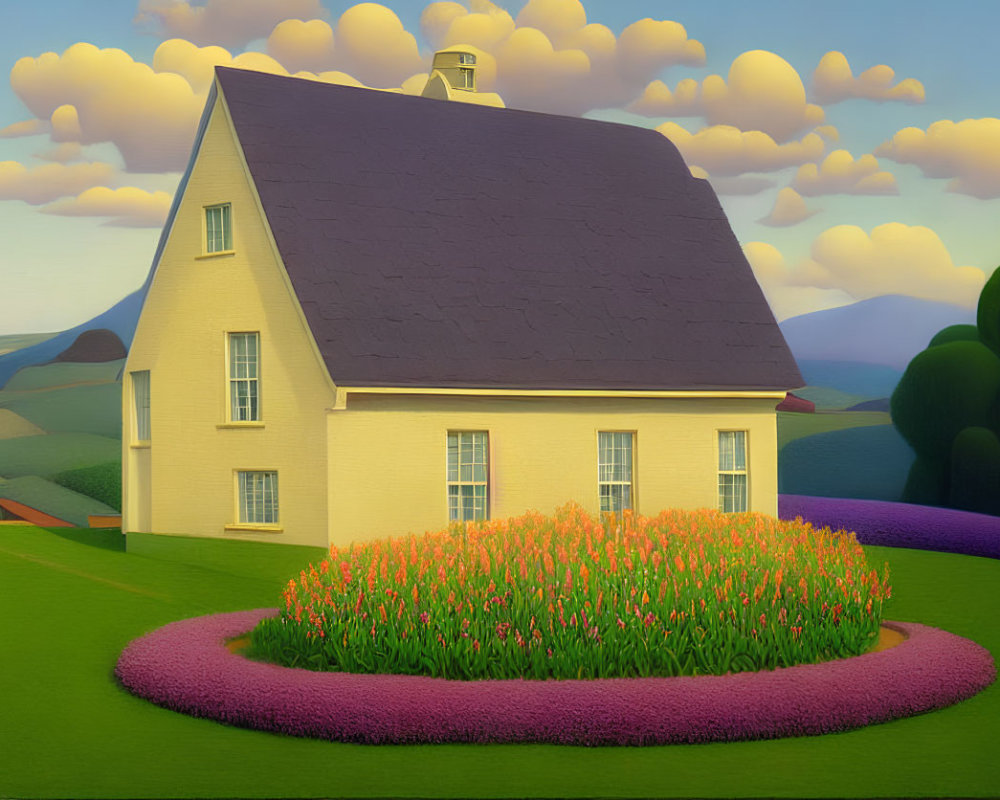 Stylized two-story house with purple roof in scenic landscape