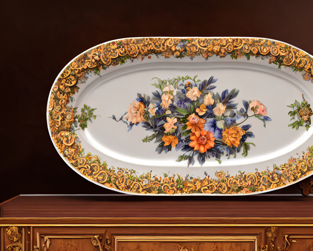 Oval porcelain platter with gold accents and floral design on wooden surface