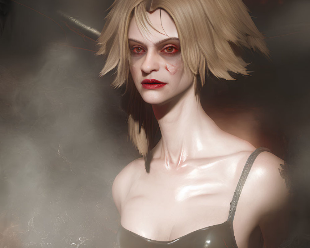 Blonde Woman with Red Eyes in Black Garment on Foggy Background