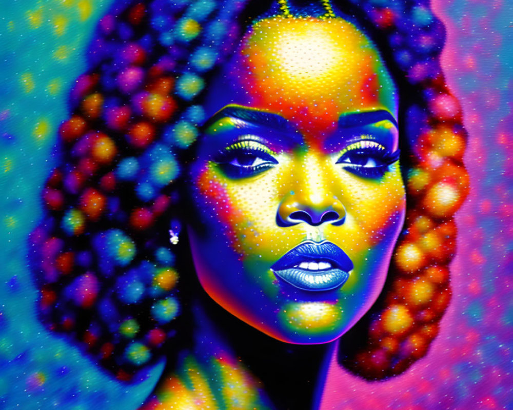 Colorful portrait of a woman with dotted pattern overlay and blue face, rainbow hair.