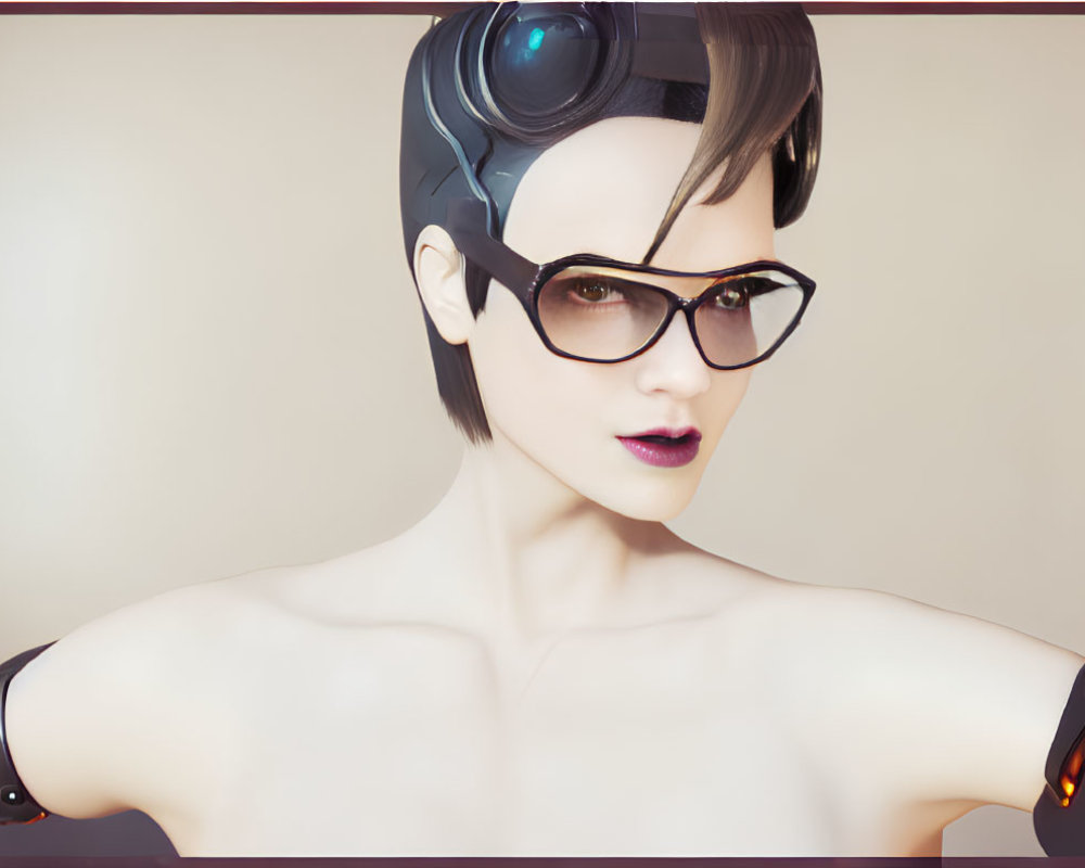 Futuristic female portrait with robotic arm and headset