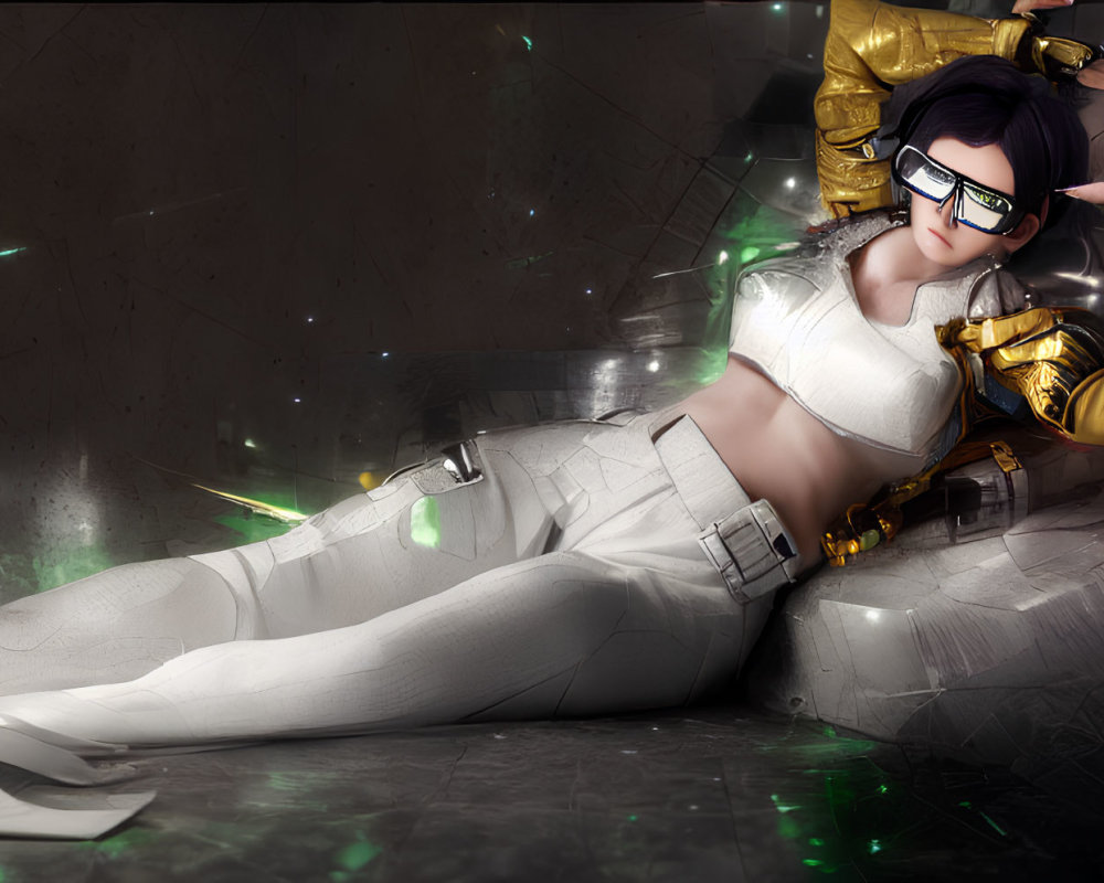 Stylized animated character with sunglasses, white outfit, and golden gloves lounging against geometric shapes with