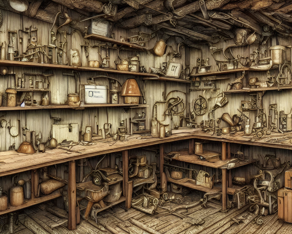 Vintage Workshop with Wooden Walls and Antique Tools