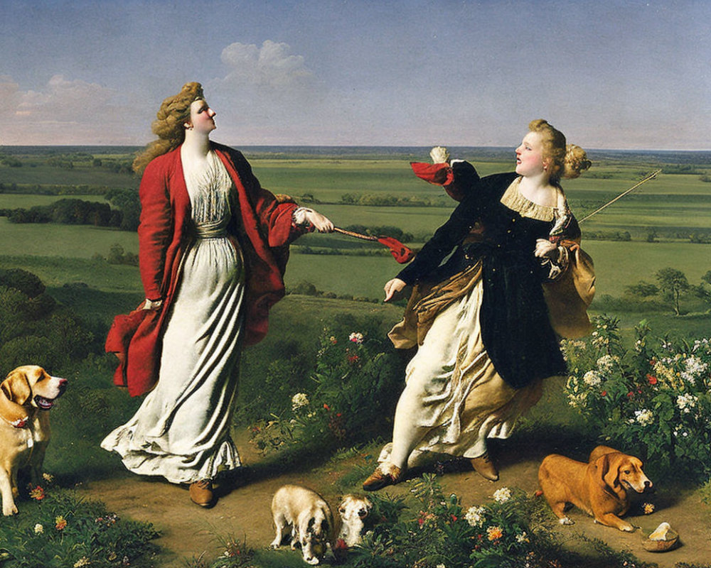 Classical painting of two elegantly dressed women with three dogs in countryside