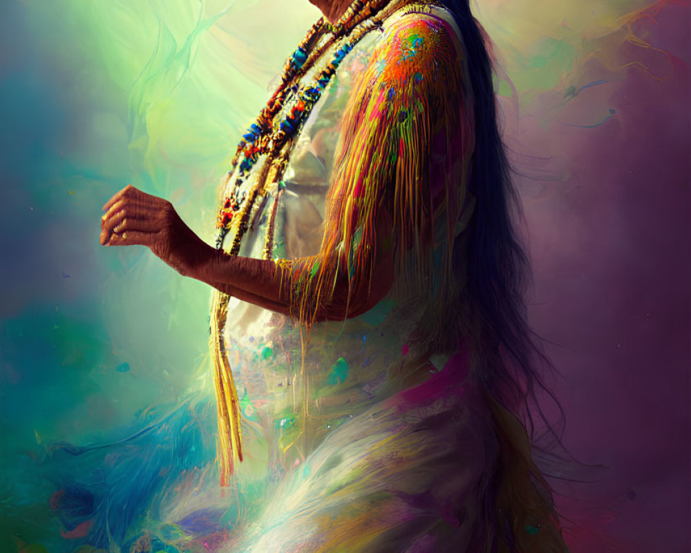 Elderly Woman in Blue Hair and Beaded Attire Among Colorful Swirls