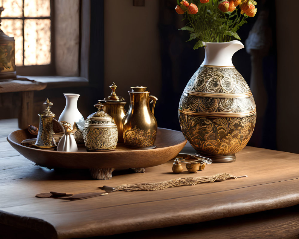 Rustic wooden table with golden teaware set, vase, and orange flowers in naturally lit room