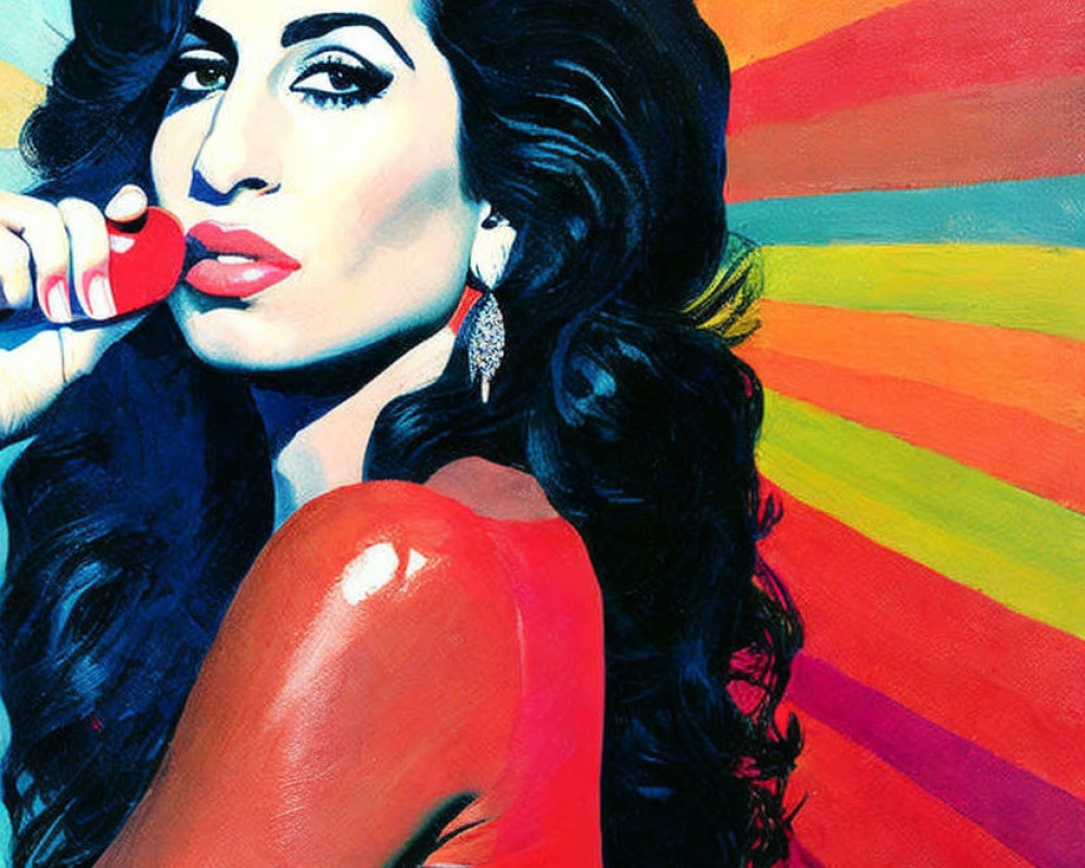 Vibrant pop art portrait of a woman with dark hair and microphone