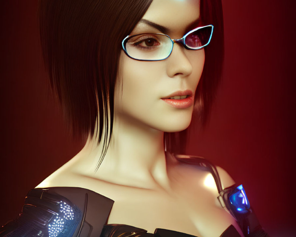 Futuristic digital artwork of female in neon-lit armor & glasses