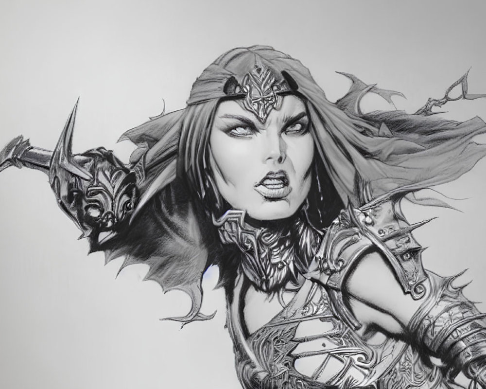 Detailed black & white illustration of fierce female warrior in intricate armor with axe