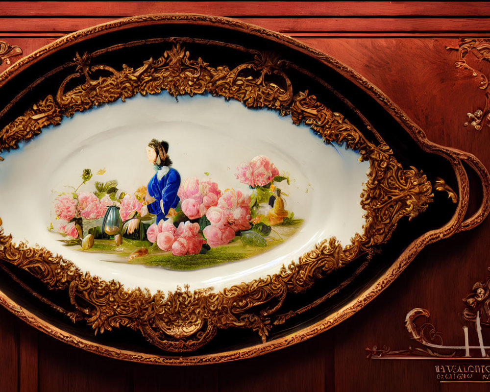 Detailed Oval Gold-Framed Painting of Serene Woman in Blue Amid Pink Flowers