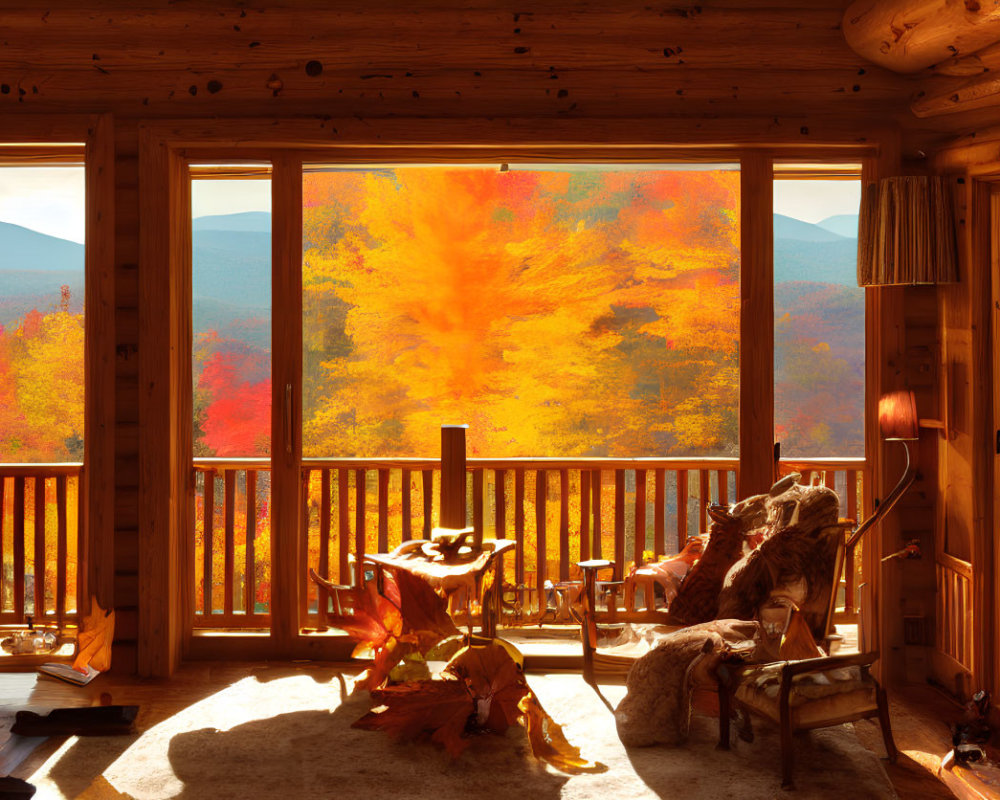 Rustic cabin interior with autumn mountain view