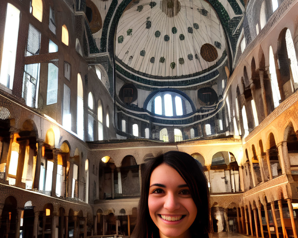 Smiling woman in green blazer against historic building backdrop