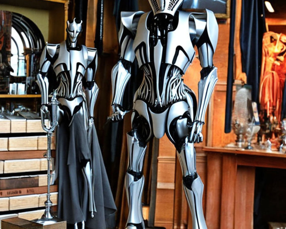 Three metallic finish robotic suits in antique interior room.