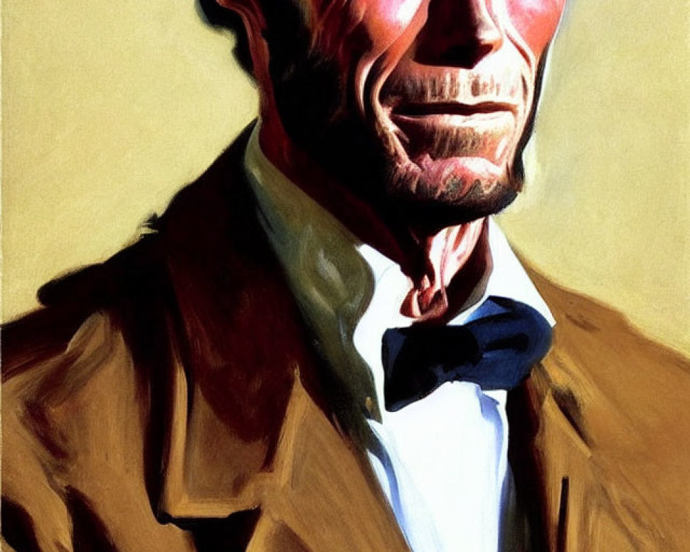 Illustration of stern older man in tan jacket and bow tie