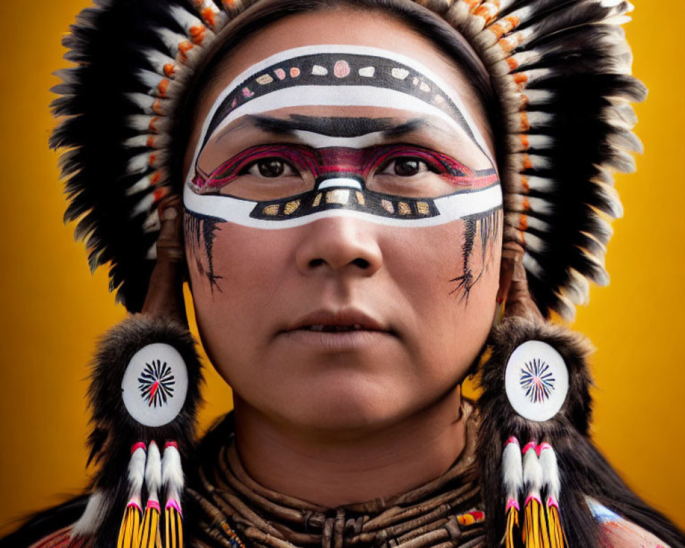 Intricate Native American headdress with beadwork and feathers