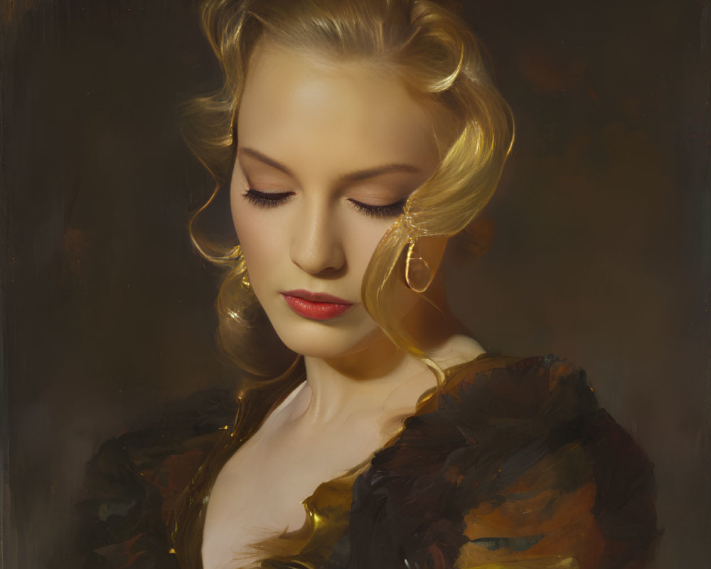 Blonde woman in elegant curls and gold attire with closed eyes