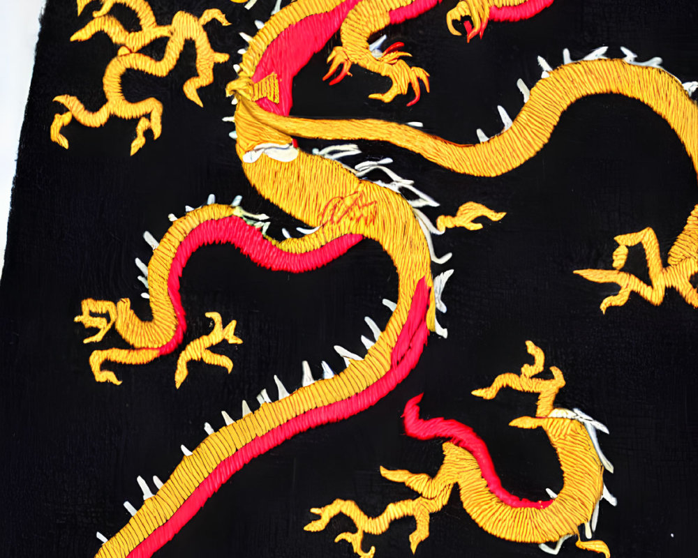 Golden Dragon Embroidery on Black Background with Asian Design Elements