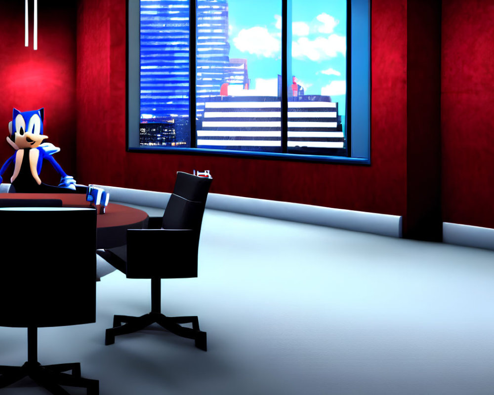 Animated Sonic character at desk in modern office with red walls and city view.