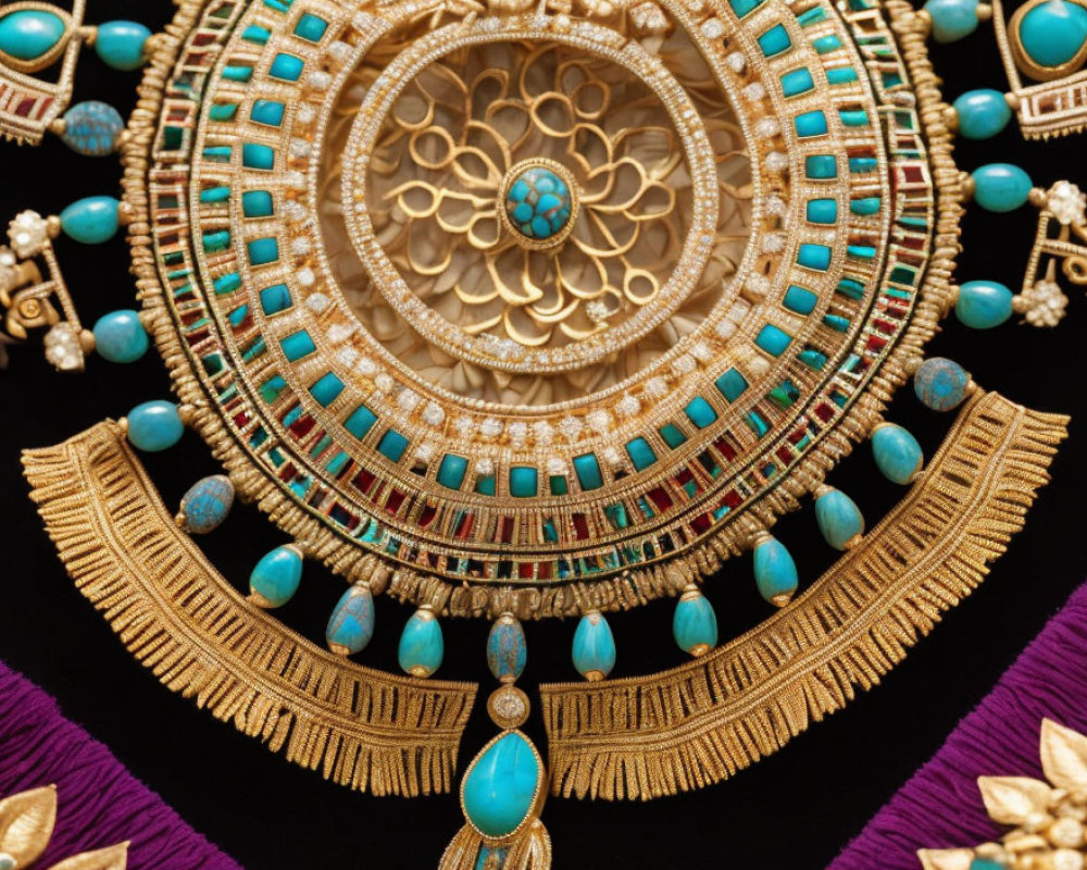 Intricate Gold Necklace with Turquoise Embellishments on Dark Background