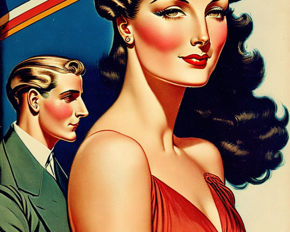 Vintage illustration of stylized man in suit and elegant woman with wavy hair in red dress