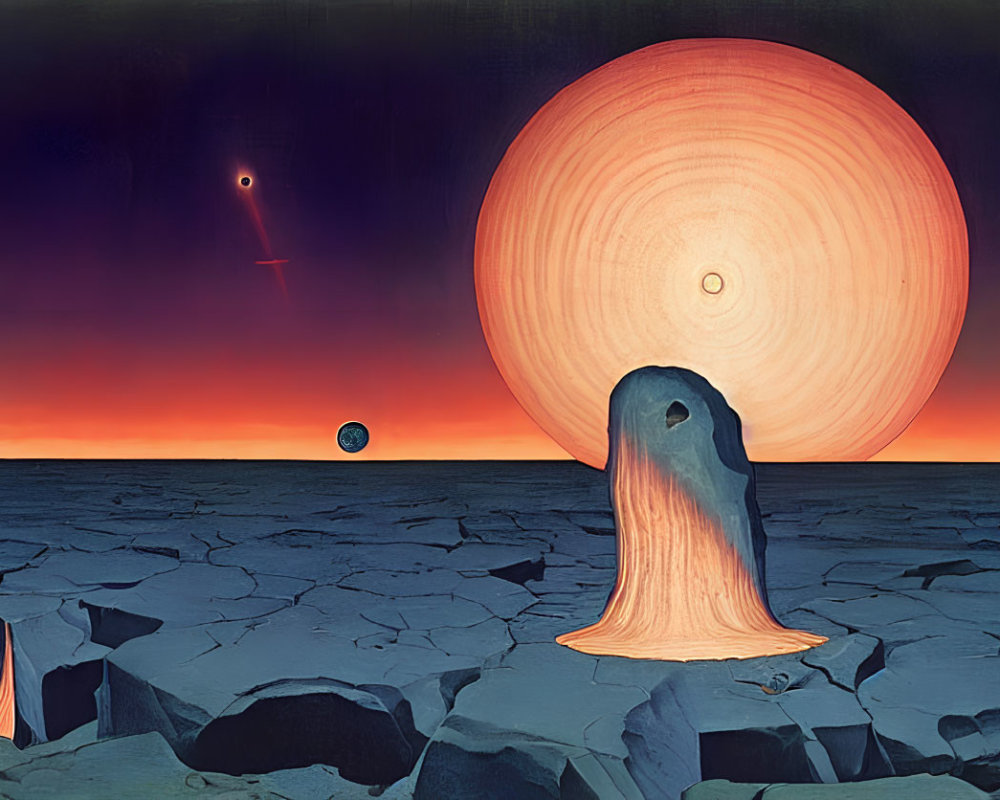 Surreal alien landscape with orange planet, celestial bodies, eerie rock formation