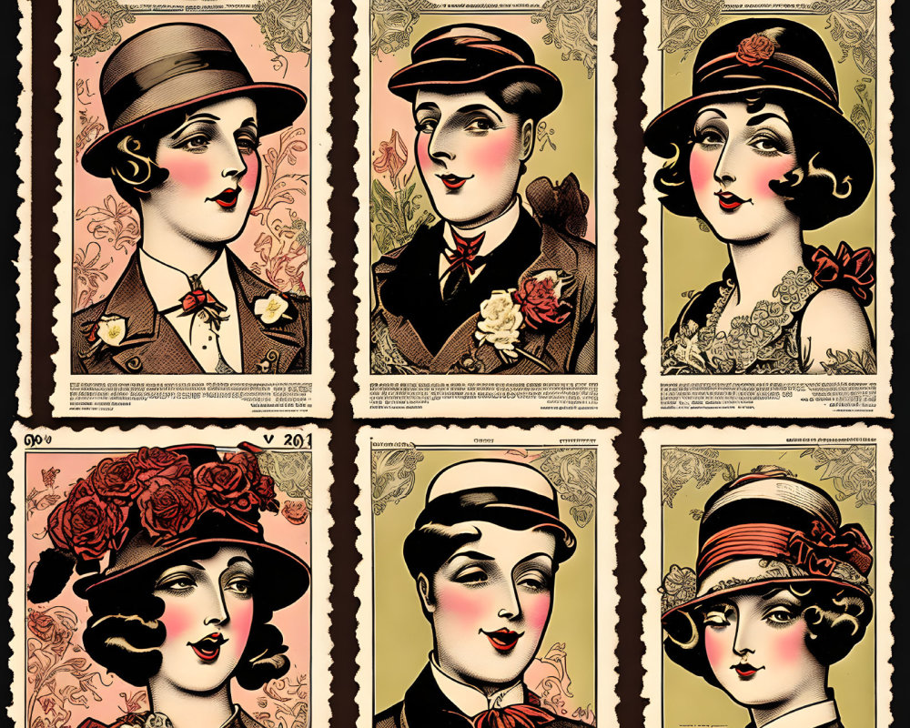 Six Vintage Women in Stylish Hats and Attire, Early 20th Century Stamp Frames