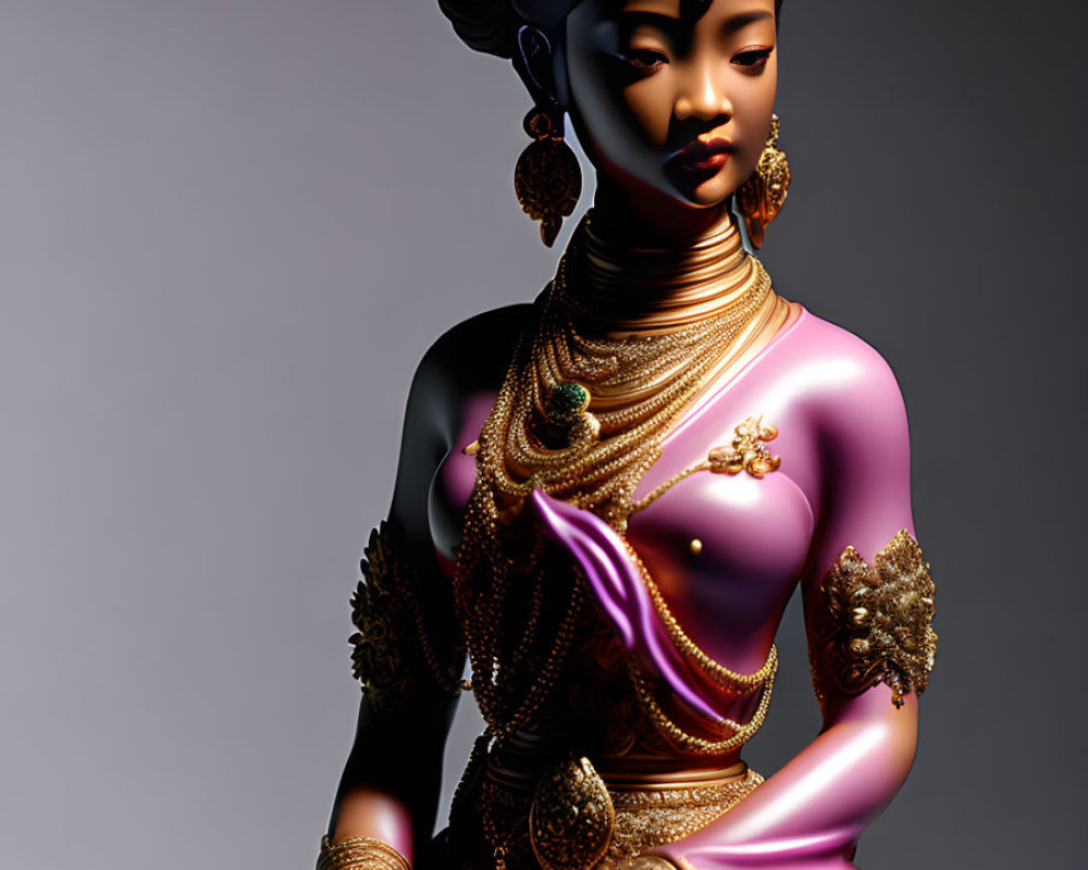 Intricate gold jewelry adorns seated woman in purple garment