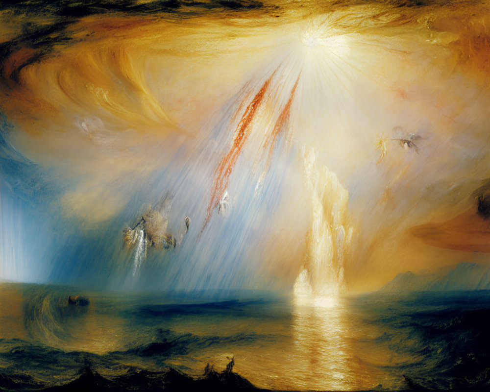 Apocalyptic painting of celestial event over turbulent ocean