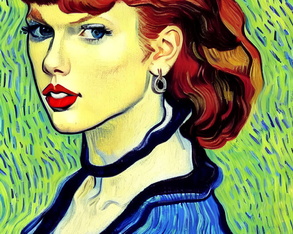 Colorful portrait of a woman with red lipstick and blue collar in Van Gogh style