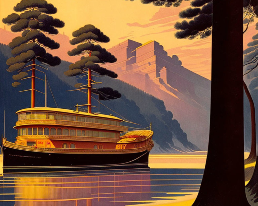 Vintage Style Illustration: Steamboat on Tranquil Water with Forest, Castle, and Misty Mountains