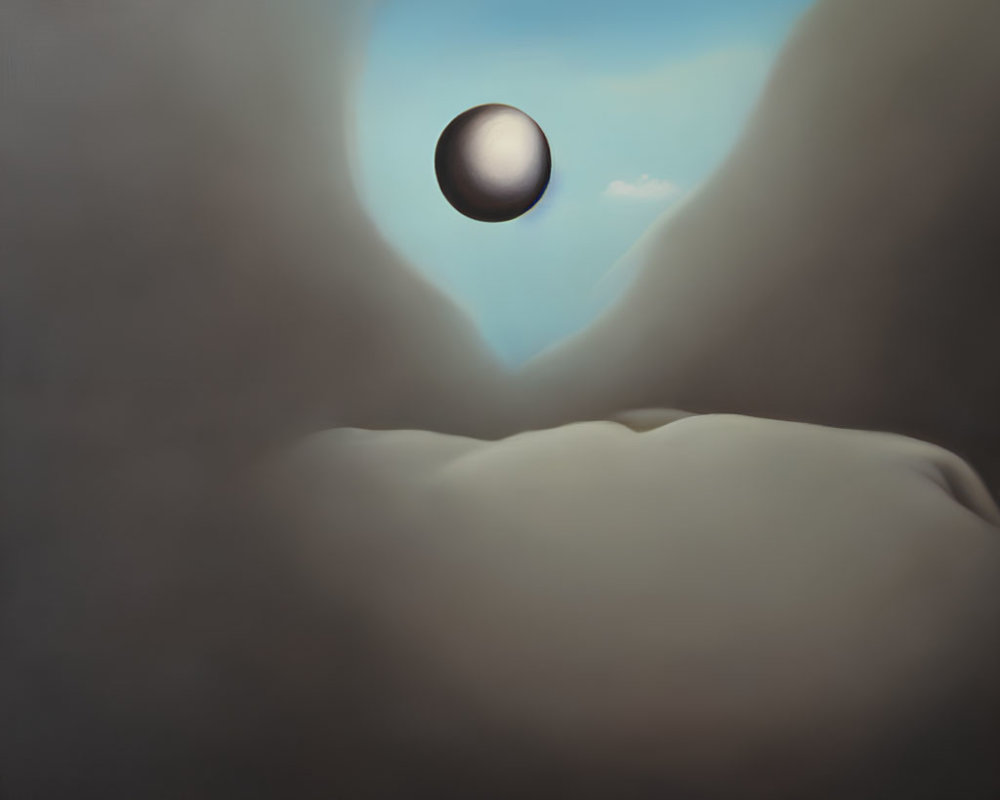 Surreal painting: levitating dark sphere, white mounds, blue sky