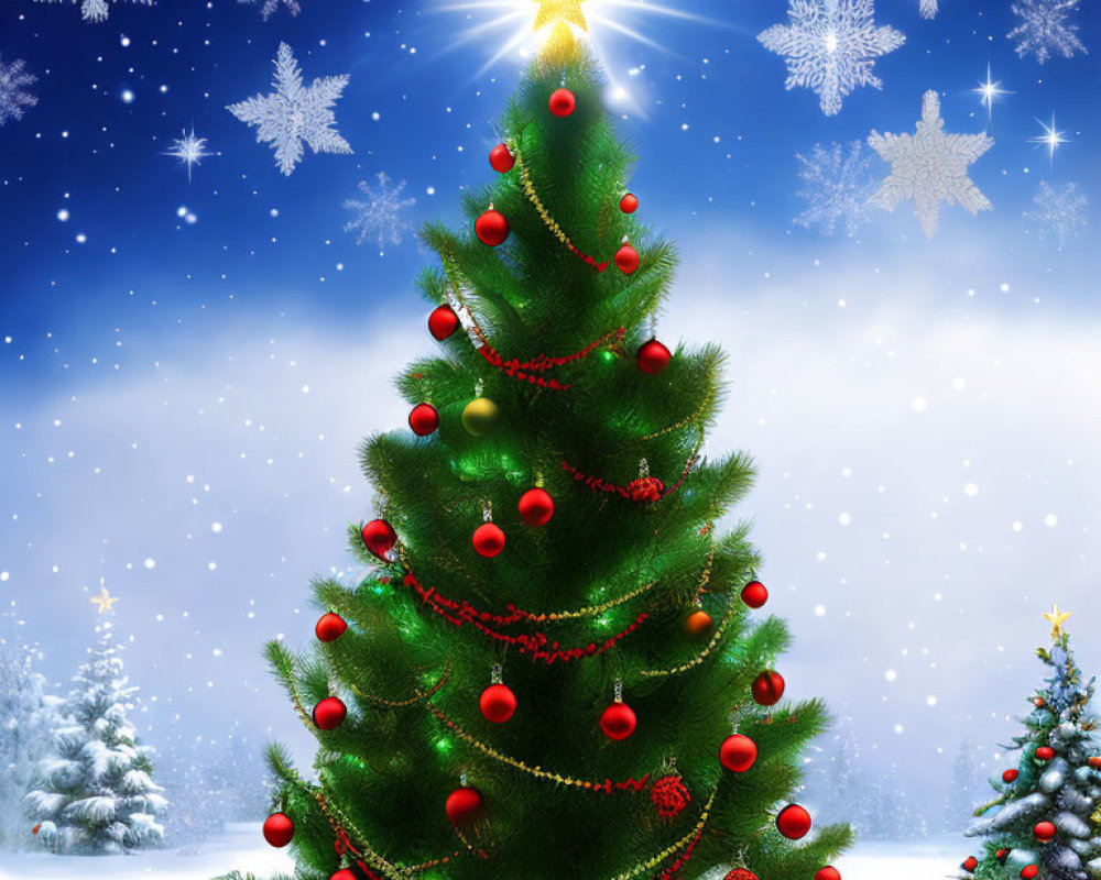 Festive Christmas tree with red ornaments, golden garland, star topper, snowflakes