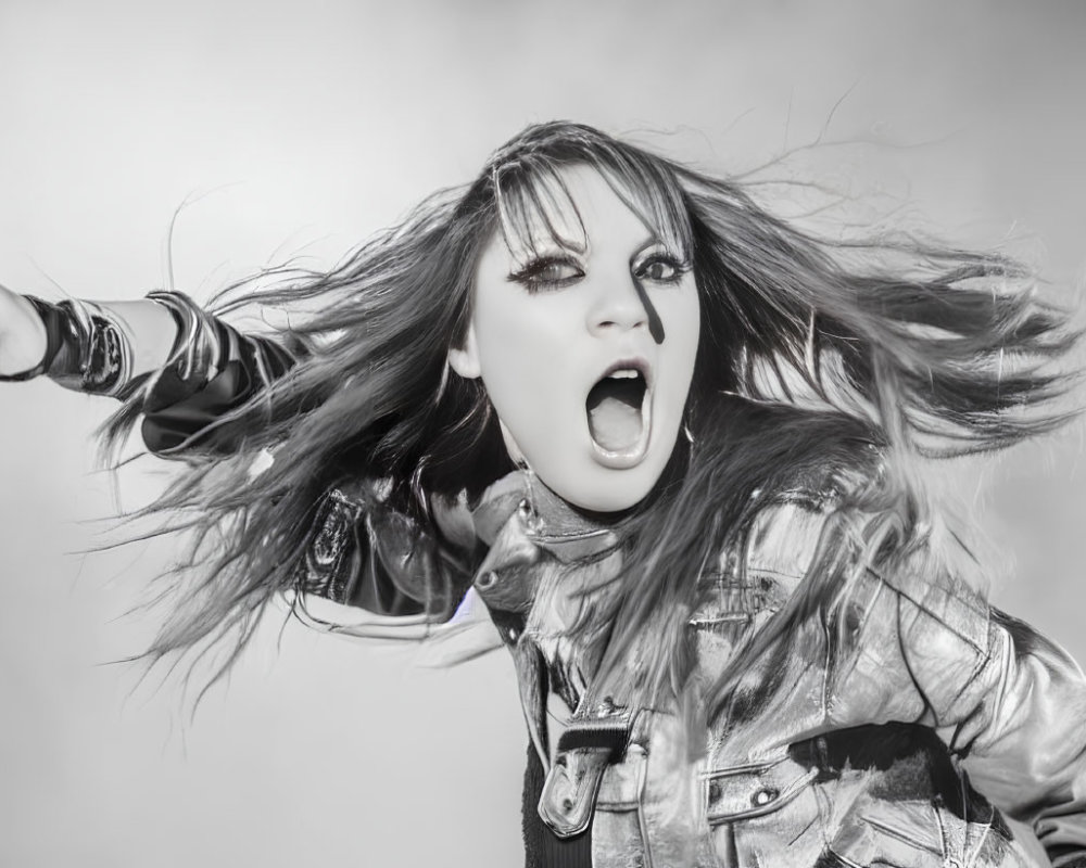 Monochrome image of woman in leather jacket shouting with flowing hair