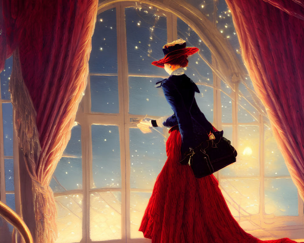 Woman in red dress at ornate window with letter and stars.