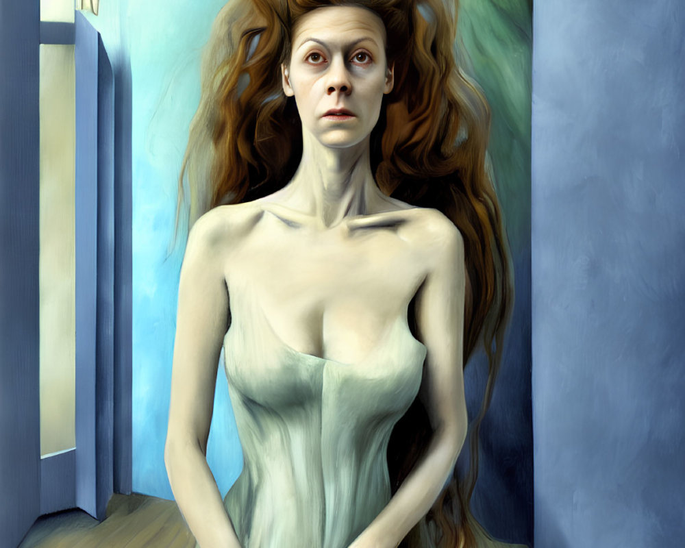 Surreal portrait of woman with red hair, green wings, in blue corridor