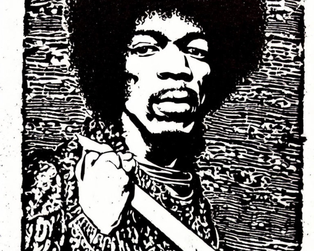 Monochrome graphic of man with afro hairstyle and patterned shirt