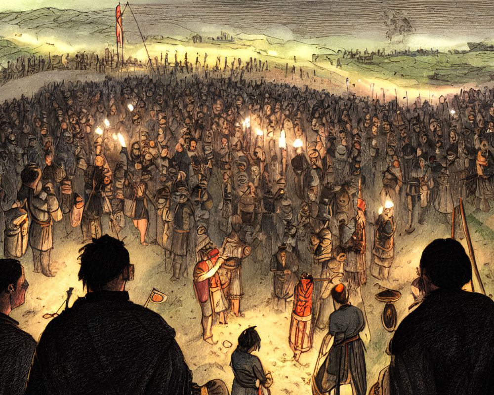 Illustration of ancient army at nightfall with torches in large field